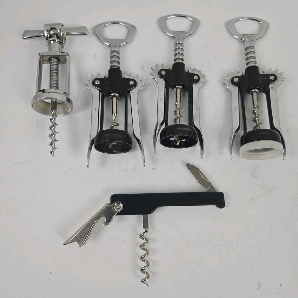 5 Vintage Corkscrews Wine Bottle Openers Made in Italy Black & Silver